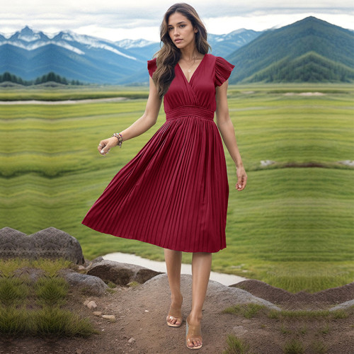 Women Women's Dress Solid Ruffle Trim Pleated Hem Dress