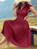 Women Women's Dress Solid Ruffle Trim Pleated Hem Dress