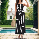 Brush Print Belted Tube Wide Leg Jumpsuit