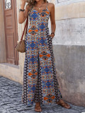Backless Print Strap Wide Leg Ethnic Jumpsuit