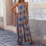 Backless Print Strap Wide Leg Ethnic Jumpsuit