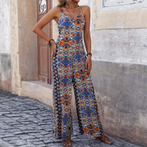 Backless Print Strap Wide Leg Ethnic Jumpsuit