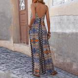 Backless Print Strap Wide Leg Ethnic Jumpsuit