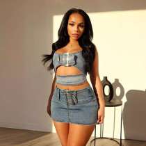 (PreOrder On 18th Available)Take It Slow Denim Top & Skirt SET