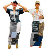 Women Printed Panel Short Sleeve Long Dress