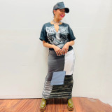 Women Printed Panel Short Sleeve Long Dress