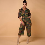 Casual Camo Jumpsuit Wide Leg Lapel Cargo Pants Overalls with Pockets