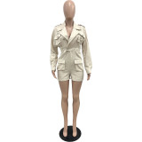 Solid Turndown Neck Denim Cargo Romper