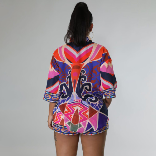 Stylish New Women Colorful Print Short Sleeves Casual Short Shirt Outfits 2pcs