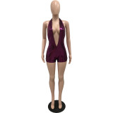 Solid Deep V Lace-up Halter Backless Bodycon Rompers