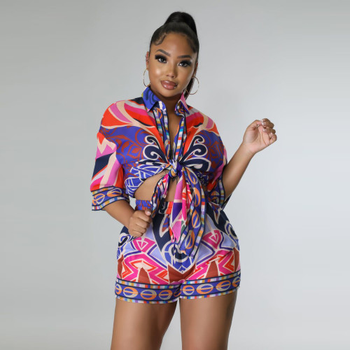 Stylish New Women Colorful Print Short Sleeves Casual Short Shirt Outfits 2pcs