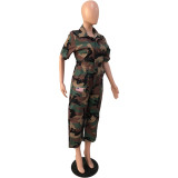 Casual Camo Jumpsuit Wide Leg Lapel Cargo Pants Overalls with Pockets