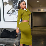 Short Top with Tie and Ruffled Hem Paired with Body-Hugging Half-Length Skirt