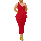 Solid Bandage Patchwork V Neck Sleeveless Ruffle Hem Tank & Pants Set