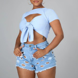 High Quality Solid Color Ripped High Waist Elastic Women's Denim Pants
