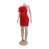 Body-hugging Elastic Feather Beaded Strapless Dress