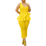 Solid Bandage Patchwork V Neck Sleeveless Ruffle Hem Tank & Pants Set