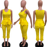 Solid Bandage Patchwork V Neck Sleeveless Ruffle Hem Tank & Pants Set