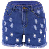 High Quality Solid Color Ripped High Waist Elastic Women's Denim Pants