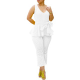Solid Bandage Patchwork V Neck Sleeveless Ruffle Hem Tank & Pants Set