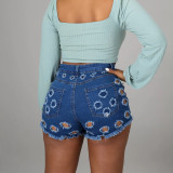 High Quality Solid Color Ripped High Waist Elastic Women's Denim Pants
