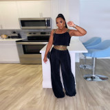 Pleated Patchwork Ribbon Solid Color High-Waisted Wide Leg Two-Piece Set