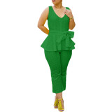 Solid Bandage Patchwork V Neck Sleeveless Ruffle Hem Tank & Pants Set