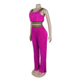Pleated Patchwork Ribbon Solid Color High-Waisted Wide Leg Two-Piece Set