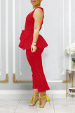 Solid Bandage Patchwork V Neck Sleeveless Ruffle Hem Tank & Pants Set
