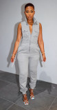Solid Sleeveless Sweatshirts Zipper High Neck Cargo Jumpsuit