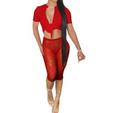 Sexy Solid Tie Front Crop Top and See Through Lace Shorts 2PCS Set