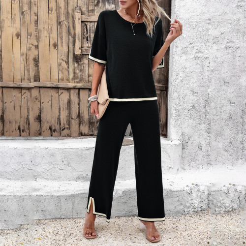 Women's casual color-blocked short-sleeved trousers knitted two-piece set