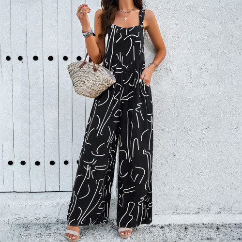 Printed Wide Strap Jumpsuit with Pockets