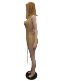 NEW Hollow Sequins Backless Halter Asymmetric Club Short Set 3pcs