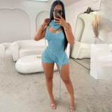 NEW Hollow Sequins Backless Halter Asymmetric Club Short Set 3pcs