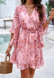 Casual Half Sleeve Flower Print Elegant V-neck -Line Knee-Length High Waist Dress