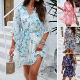 Casual Half Sleeve Flower Print Elegant V-neck -Line Knee-Length High Waist Dress