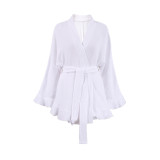 Ruffled Edge Robe in Crinkled Cotton Long-Sleeve Pajamas