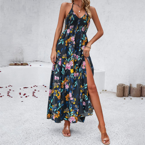 Straps V Neck Smocked Slit Tied Printed Dress