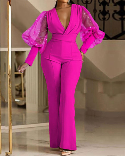 Pleated Slim Fit V-Neck Mesh Patchwork Long Sleeve Jumpsuit