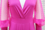 Pleated Slim Fit V-Neck Mesh Patchwork Long Sleeve Jumpsuit
