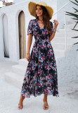 Women Boho Flowy V-Neck Short Sleeve Empire Waist Summer Floral Long Dress