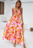 Straps V Neck Smocked Slit Tied Printed Dress