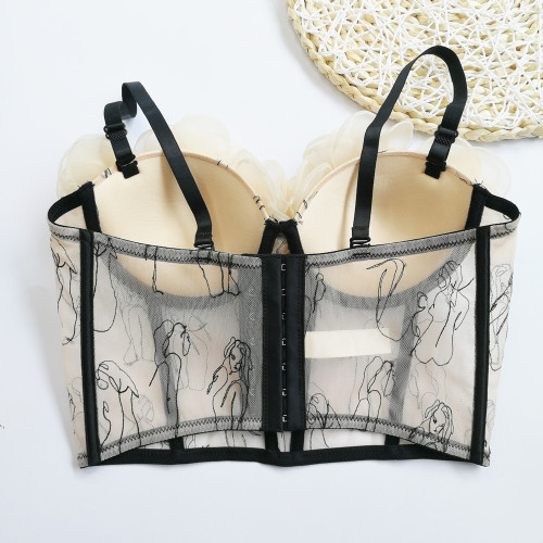 Sheer Bodice Embroidered Top with One-Shoulder Design and 3D Floral Bustier