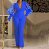 Pleated Slim Fit V-Neck Mesh Patchwork Long Sleeve Jumpsuit