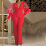 Pleated Slim Fit V-Neck Mesh Patchwork Long Sleeve Jumpsuit