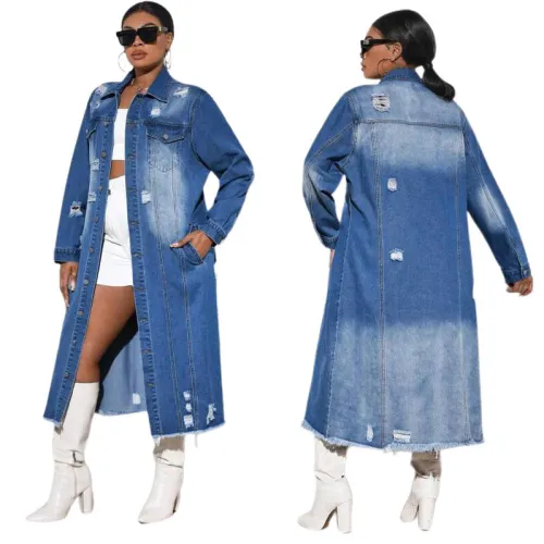 Distressed Long Sleeve Denim Windbreaker Coat