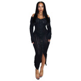 Sexy Off Shoulder Long Sleeves Wave Pattern Design Bodycon Dress