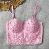 Sparkling Rhinestone Embellishments Lace Straps Top