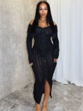 Sexy Off Shoulder Long Sleeves Wave Pattern Design Bodycon Dress